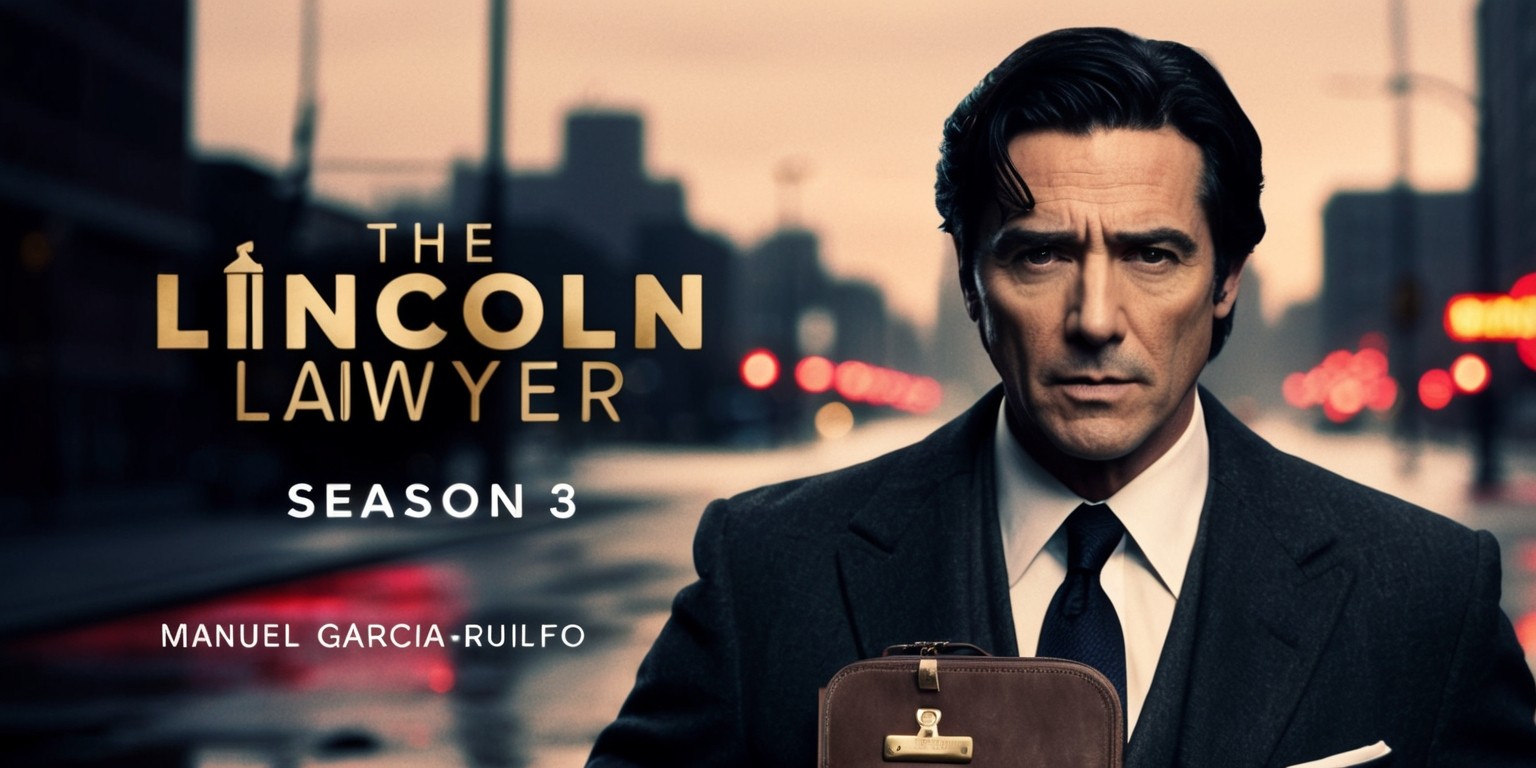 A promotional poster for The Lincoln Lawyer Season 3, featuring a gritty, high-contrast image with a warm color palette, evoking a sense of intensity and intrigue. In the center, a close-up of Mickey Haller, played by Manuel Garcia-Rulfo, with a strong jawline, dark hair, and a piercing gaze, wearing a tailored suit and holding a briefcase. The background is a blurred cityscape at dusk, with neon lights reflecting off the wet pavement. The title The Lincoln Lawyer is emblazoned across the top in bold, golden font, with Season 3 written in smaller text at the bottom, in a modern, sans-serif style. The overall aesthetic is dark, moody, and cinematic, capturing the show's blend of crime drama and courtroom thrills.