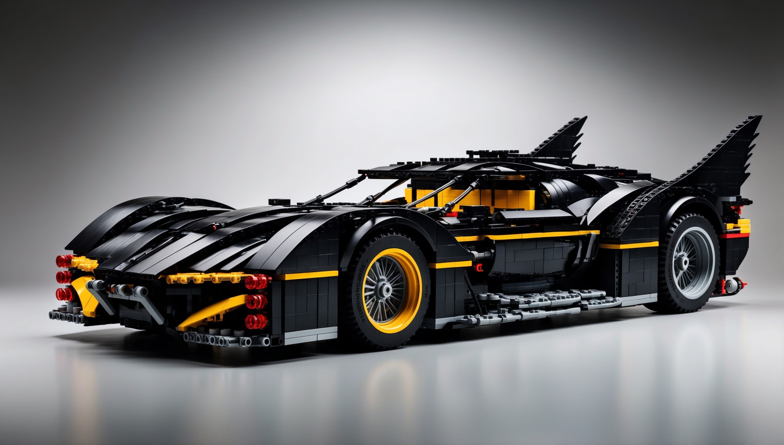 A highly detailed, large-scale Batmobile replica constructed entirely out of Lego bricks, showcasing the iconic vehicle