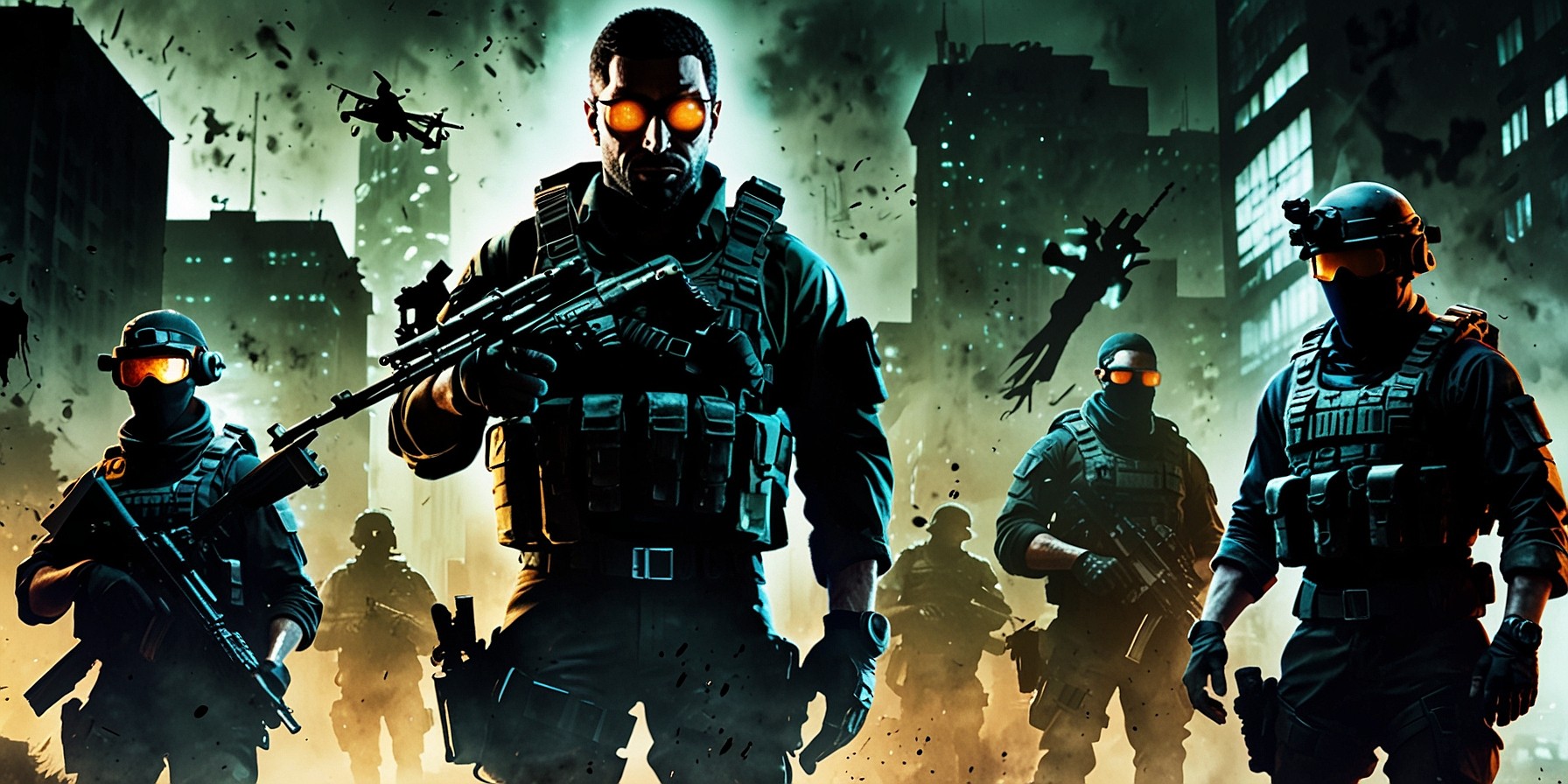 A gritty, high-contrast digital illustration of the fictional game "Black Ops 6" featuring a dark, misty cityscape at dusk with faded skyscrapers and crumbling buildings in the background, set against a gloomy, gradient grey-blue sky. In the foreground, a group of heavily armed, masked operatives in black tactical gear, with sweaty, dirt-stained faces and intense facial expressions, are positioned in a strategic, staggered formation, with one pointing a sniper rifle towards the viewer. The title "Black Ops 6" is emblazoned in bold, metallic silver font with a modern, stencil-inspired design, hovering above the operatives, illuminated by a faint, eerie green glow.