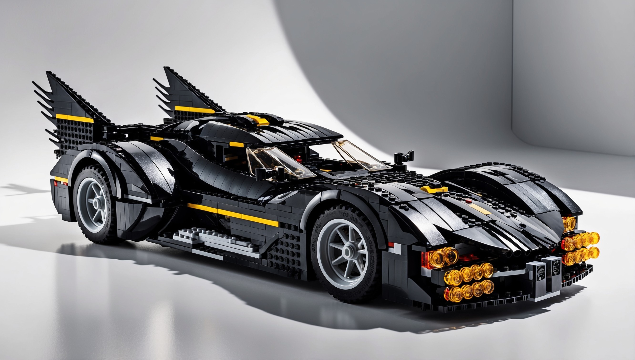 A highly detailed, intricately designed Lego replica of the iconic Batmobile, with a sleek, curved body made up of thousands of tiny Lego bricks in a predominantly black and dark grey color scheme, accented with yellow and red highlights, set against a clean, white background, with subtle shadows to emphasize the textures and contours of the Lego pieces, and a sense of depth and dimensionality, as if the viewer could reach out and touch the miniature vehicle, with its gleaming headlights, razor-sharp fins, and powerful rear wheels, all rendered in a realistic, photographically-inspired style.