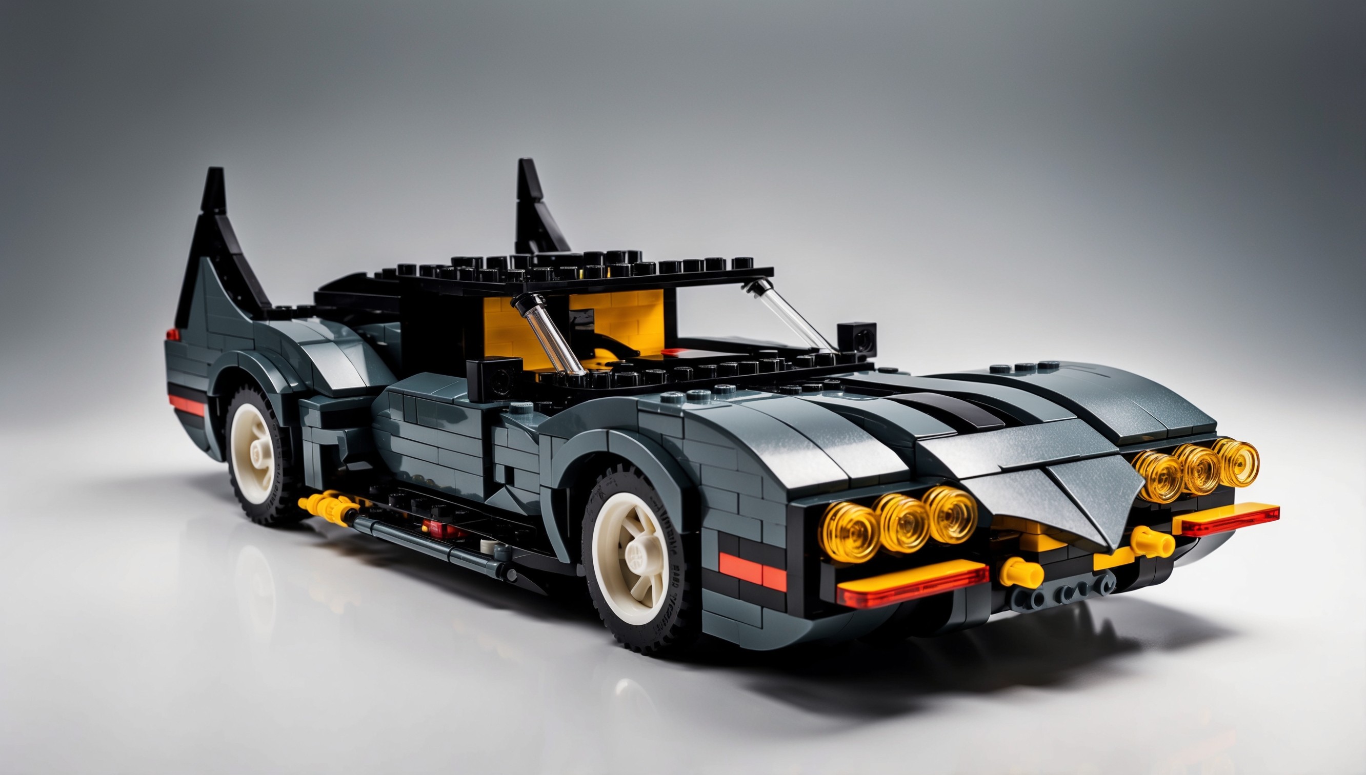 A highly detailed, accurately proportioned, and intricately built Batmobile replica constructed entirely out of Lego bricks, with a predominantly dark grey and black color scheme, accented with bright yellow headlights and a bold, red stripe running along the hood, set against a clean, white background, with a subtle gradient effect to enhance the depth and texture of the Lego pieces, and a shallow depth of field to blur the background and draw attention to the majestic, iconic vehicle, capturing the essence of the Caped Crusader