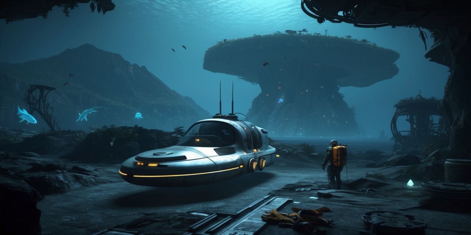 A futuristic underwater scene from Subnautica 2, with the Tadpole vehicle prominently displayed, surrounded by an expansive deep-sea environment filled with mysterious alien architecture, hazardous terrain, and old shipwrecks, the player character is shown navigating through the darkness, illuminated only by the faint glow of luminescent sea creatures and the soft blue light of the vehicle's instruments, with a large underwater mountain range in the background, and a few stray fish swimming in the distance, the Tadpole's metallic surface reflecting the dim light, as the player gathers resources and crafts the Depth Module upgrade, with a few tools and scraps of salvaged metal scattered around the vehicle, and a massive underwater structure looming in the distance, with intricate details and mysterious symbols etched into its surface.
