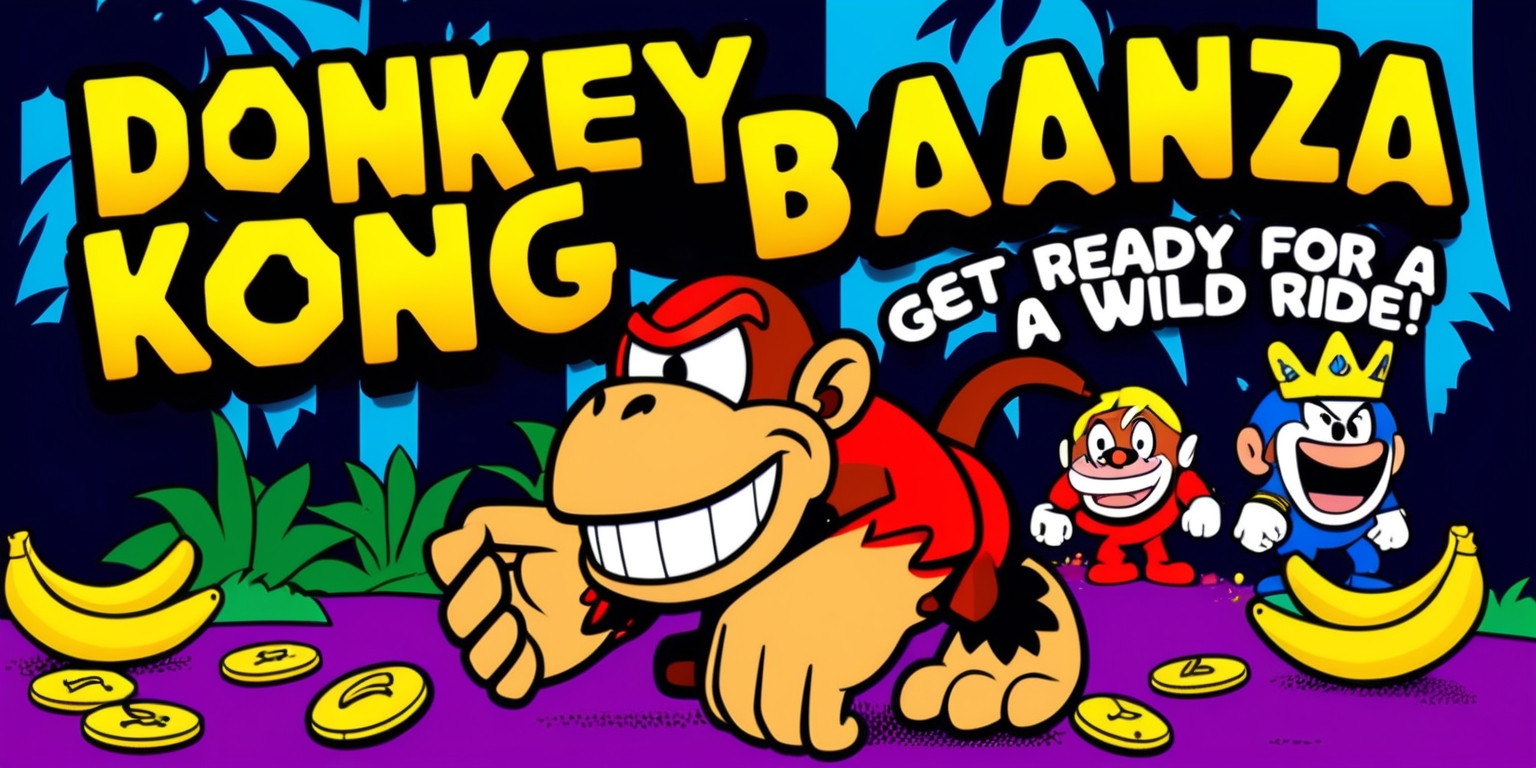 A vibrant, 90s-style arcade game illustration featuring Donkey Kong as the main character, surrounded by bright, popping colors and bold graphics, set against a dark blue or purple background to represent the jungle atmosphere, with banana peels and DK coins scattered around, and possibly a few familiar characters from the game like Diddy Kong, Cranky Kong, or King K. Rool in the background, each with their unique facial features and expressive eyes, with the game title Donkey Kong Bananza emblazoned across the top in bold, yellow, pixelated font with a slight gradient effect, and the tagline Get ready for a wild ride! written in curved, cursive text above the title, with subtle texture and depth to give the illustration a retro, nostalgic feel.