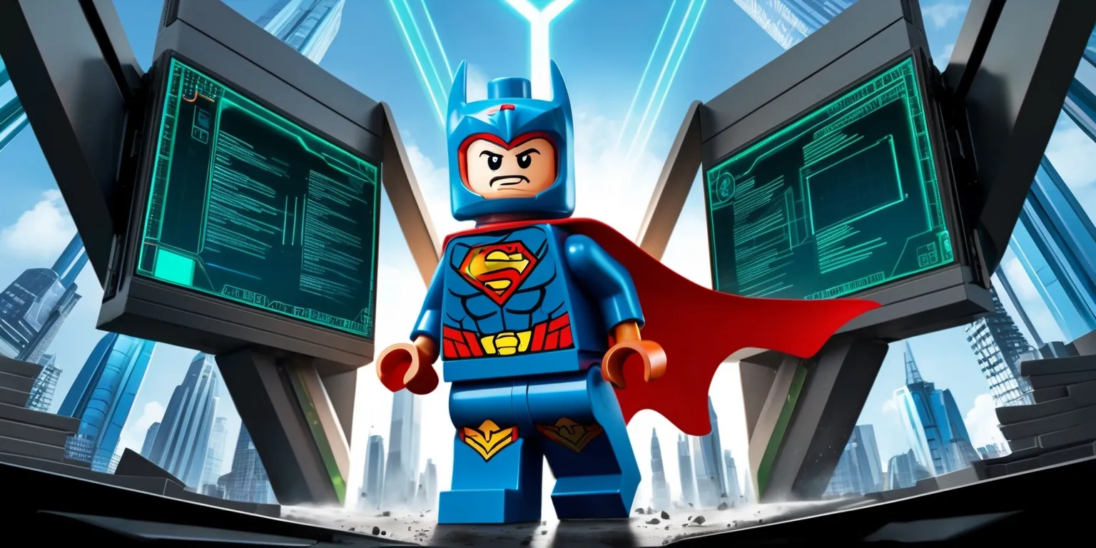 A vibrant and dynamic scene depicting a LEGO superhero in action, set against a V-shaped city skyline with towering skyscrapers and sleek skyscrapers, the superhero stands proudly with a confident expression, wearing a bold blue and red costume, complete with a golden emblem on their chest, their facial features include a determined jawline and bright, expressive eyes, in the background, a gigantic screen displays a futuristic game interface with neon green lines and codes, the LEGO bricks are meticulously detailed with a mix of matte and glossy textures, the overall style is reminiscent of a comic book illustration with bold lines and bright colors, the image is framed with a slight cinematic tilt, drawing the viewer's attention to the heroic figure at the center.