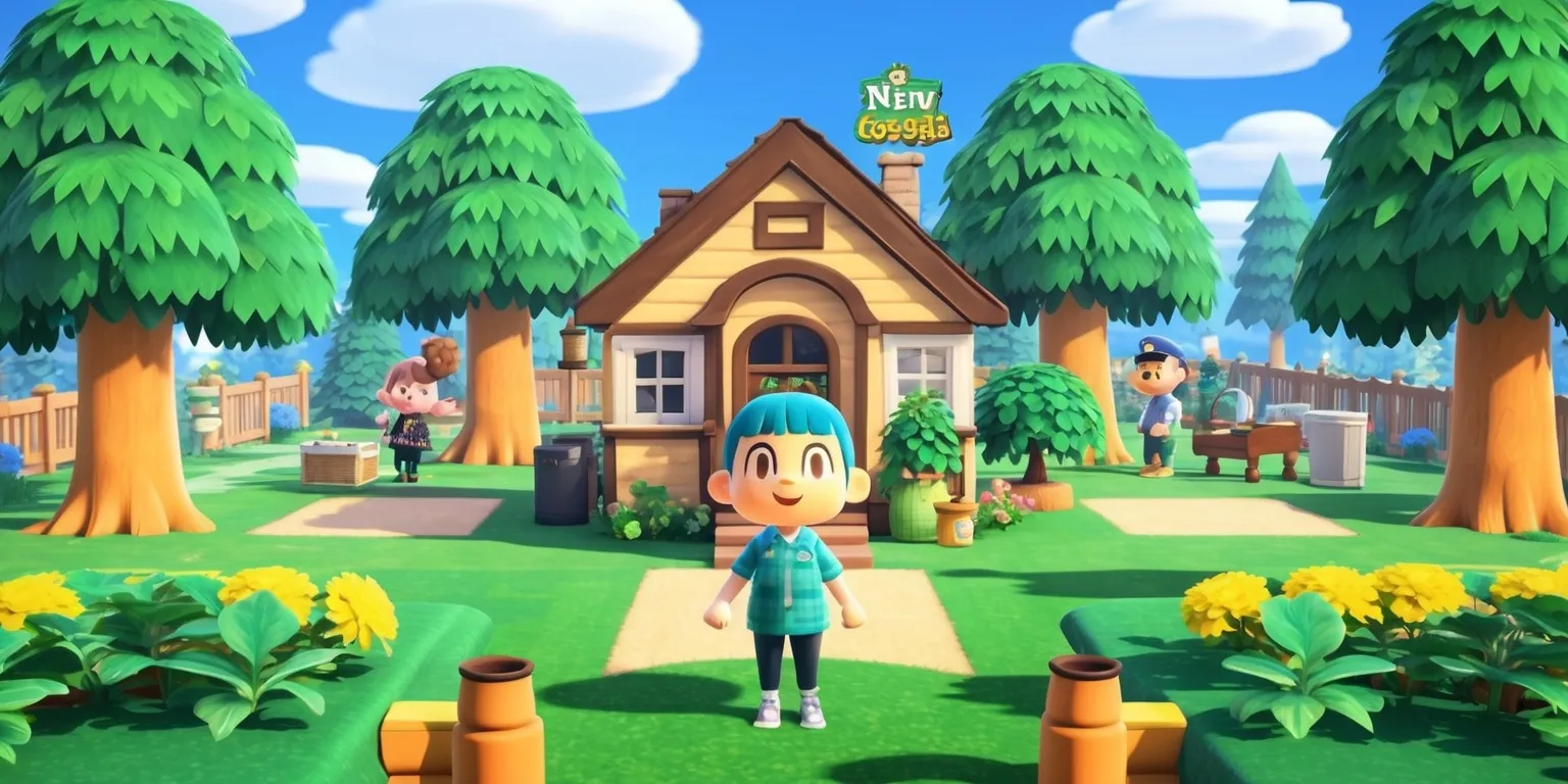 A vibrant and colorful digital illustration of a scene from Animal Crossing: New Horizons game, featuring a character standing in front of a cozy customized home with a lush green garden, surrounded by tall trees, and a few villagers in the background, with a clear blue sky and fluffy white clouds, incorporating a mix of realistic and stylized elements, with bold lines, soft textures, and a warm color palette, including shades of green, blue, and yellow, and a few decorative items such as flowers, furniture, and outdoor lighting, with the game's logo subtly integrated into the design, blending seamlessly into the scene.
