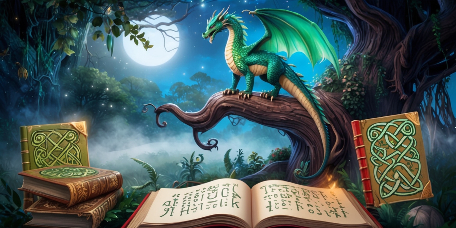 A whimsical illustration of a mystical forest, with a grand dragon perched atop a ancient, gnarled tree, its scales shimmering in hues of emerald and sapphire, amidst a backdrop of lush foliage and twinkling stars, as if bathed in moonlight, with hints of mist and fog rolling in, evoking a sense of wonder and enchantment, with ancient tomes and mysterious artifacts scattered about, adorned with intricate, Celtic-inspired runes and symbols, and a faint glow emanating from the pages, as if holding secrets and wisdom, amidst the whispers of an ancient language, with the subtle hint of a quest unfolding, beckoning the viewer to embark on a fantastical journey.