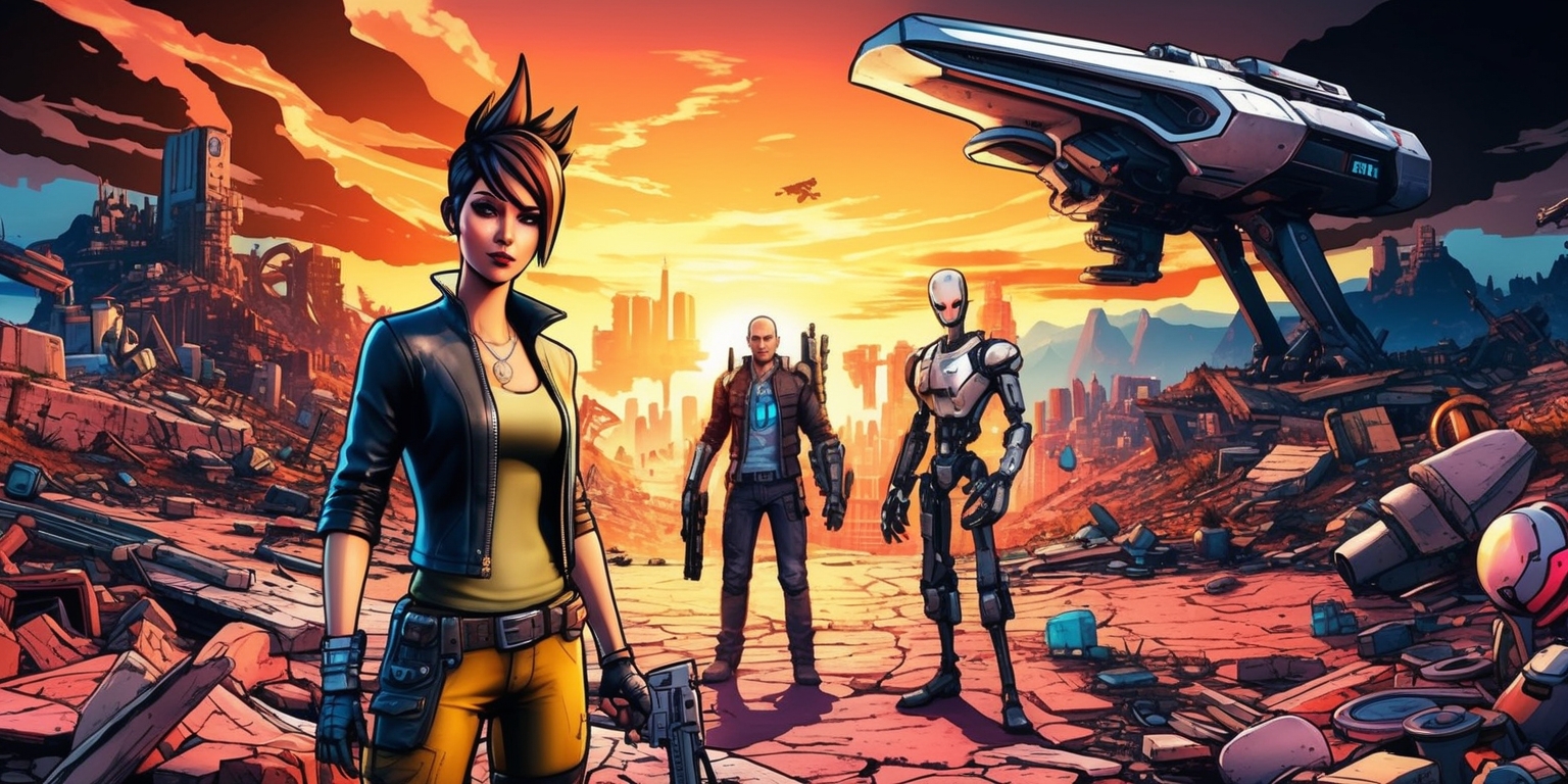 A vibrant, post-apocalyptic landscape from the Borderlands 4 game, featuring a dystopian wasteland with ruins and debris scattered everywhere, set against a dramatic, orange-hued sunset sky with dark clouds and a few flying vehicles in the distance, in the foreground a group of characters including a woman with short, spiky brown hair and a scar above her left eyebrow, wearing a black leather jacket and holding a futuristic assault rifle, standing alongside a tall, lanky man with a robotic arm and a menacing grin, with a sleek, silver and black spaceship in the background, the entire scene rendered in a stylized, comic book-inspired art style with bold lines, bright colors, and dynamic textures.