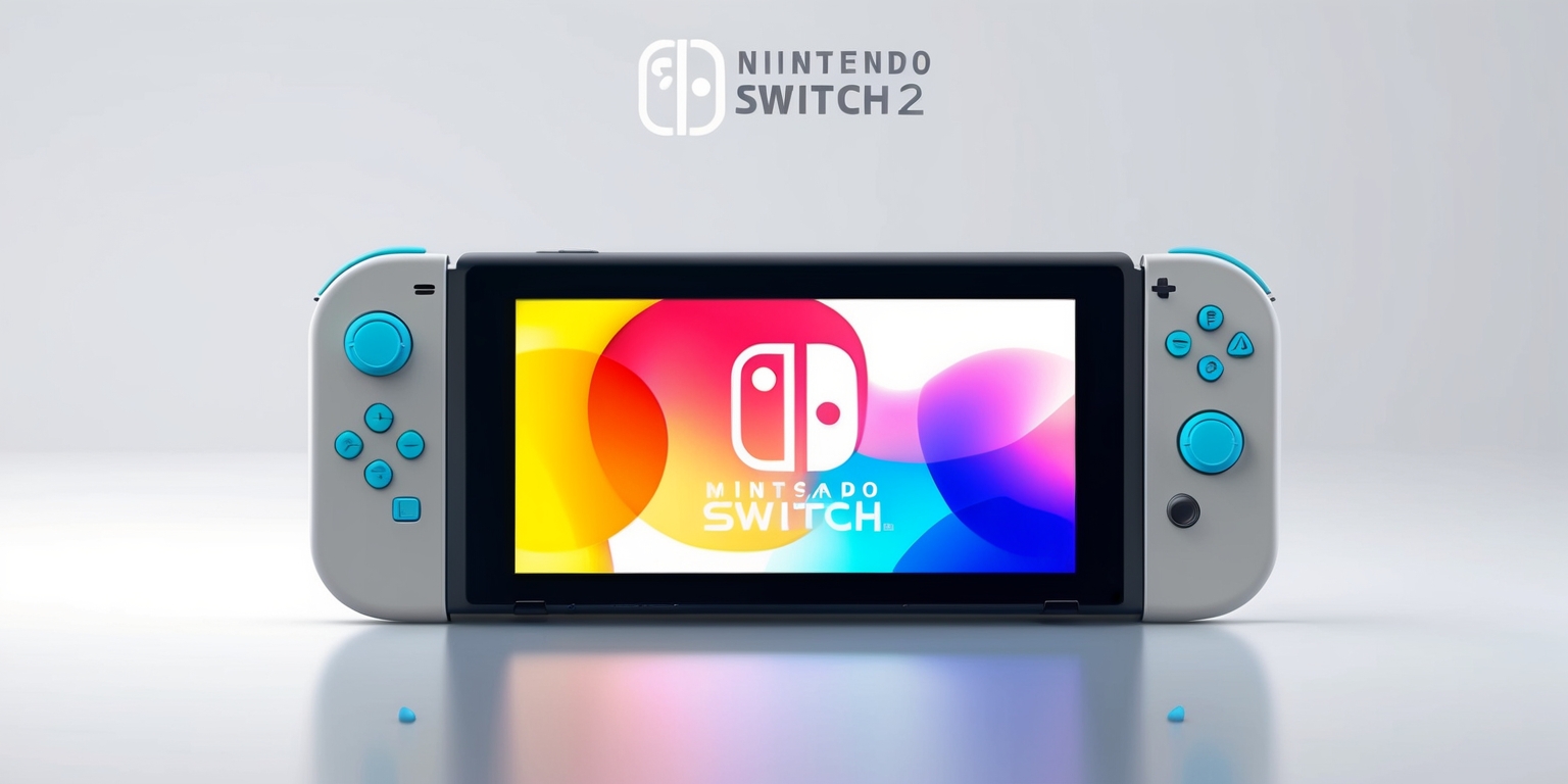 A futuristic, sleek, and minimalist rendering of the Nintendo Switch 2 console, set against a clean, white background to allow the vibrant colors of the device to pop, with the console's screen glowing softly, displaying a mesmerizing, abstract, and colorful pattern, and the Joy-Con controllers attached to the sides, featuring a subtle, matte finish and a splash of bright, electric blue accents, with a few subtle, rounded lines and gentle curves, giving the console a modern, high-tech aesthetic, and the Nintendo logo emblazoned on the top, in a bold, silver font, with clean, crisp lines and a slight sheen, evoking a sense of premium quality and cutting-edge technology.