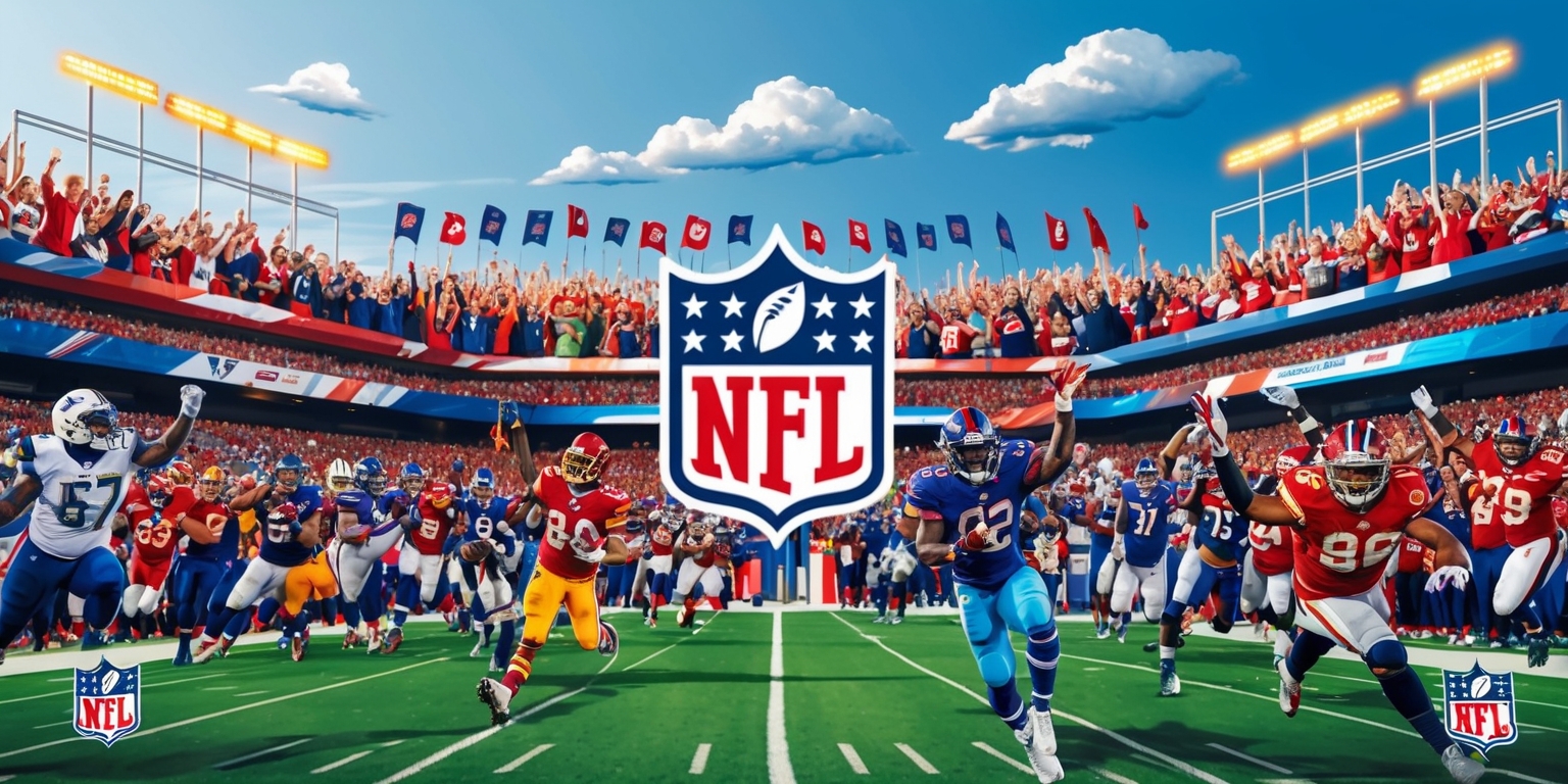 A vibrant and action-packed NFL football game scene with a lush green grass field, goalposts, and a packed stadium filled with excited fans of diverse ages, skin colors, and facial features, all wearing their favorite team's jerseys and waving flags, set against a clear blue sky with a few puffy white clouds, with football players in the foreground wearing helmets, pads, and cleats, some with determined facial expressions and others with joy, in a dynamic composition with bold lines, sharp angles, and a mix of warm and cool colors, capturing the energy and suspense of the game, with the NFL logo prominently displayed on the field, jerseys, and stadium banners in a sleek, modern font style and a bold, red, white, and blue color scheme.
