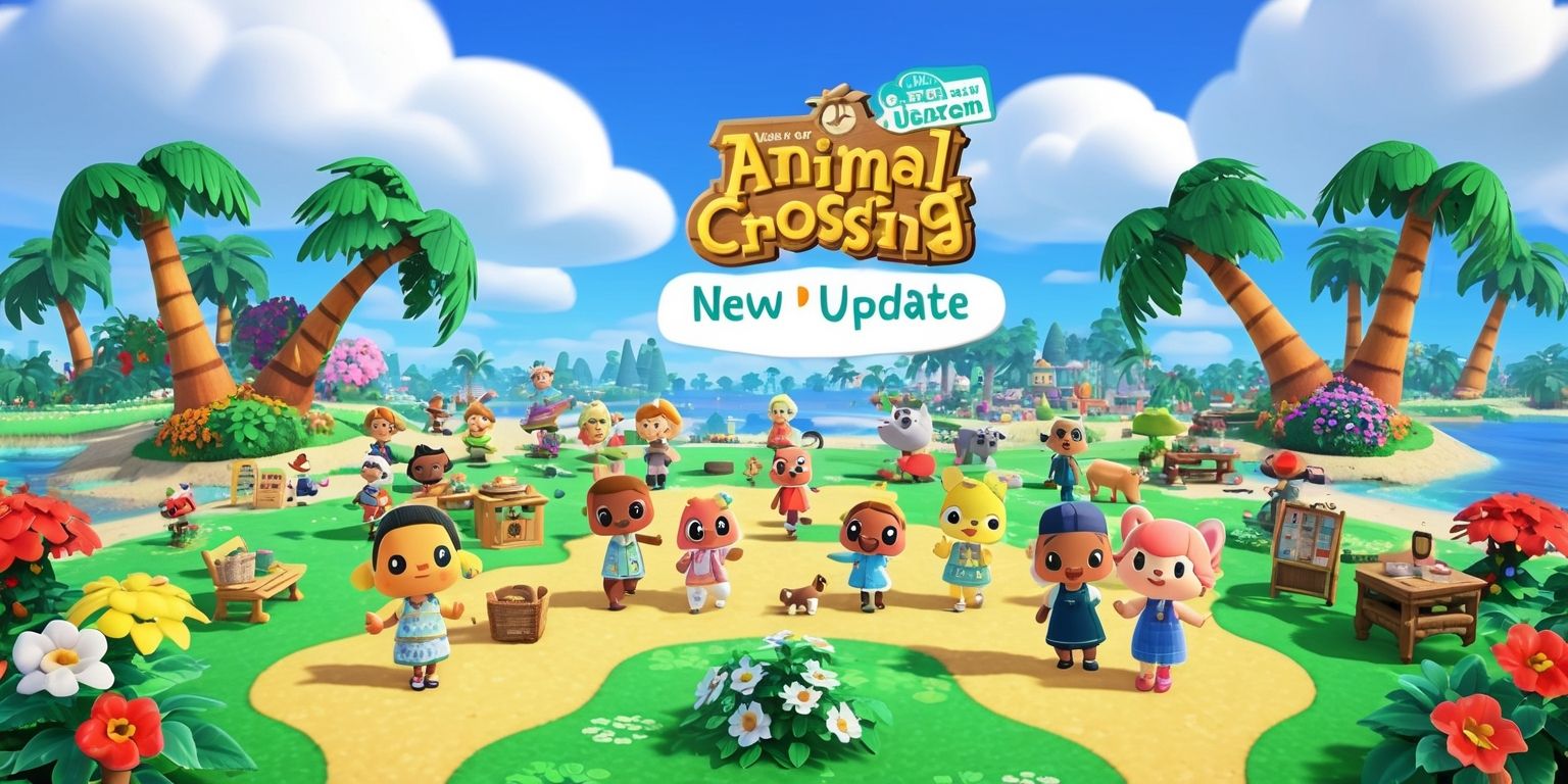 A vibrant and colorful digital illustration depicting the scenic island setting of Animal Crossing: New Horizons, with a variety of adorable characters and villagers going about their daily activities, surrounded by lush greenery, blooming flowers, and towering palm trees, as a sunny sky with fluffy white clouds overlooks the peaceful atmosphere, with a prominent display of the game's latest update features, such as new furniture, characters, or seasonal events, presented in a playful and whimsical style reminiscent of the game's distinctive art direction, with bold lines, soft textures, and a mix of bright and pastel colors, and incorporating the game's iconic logo and typography in a fun and creative way.