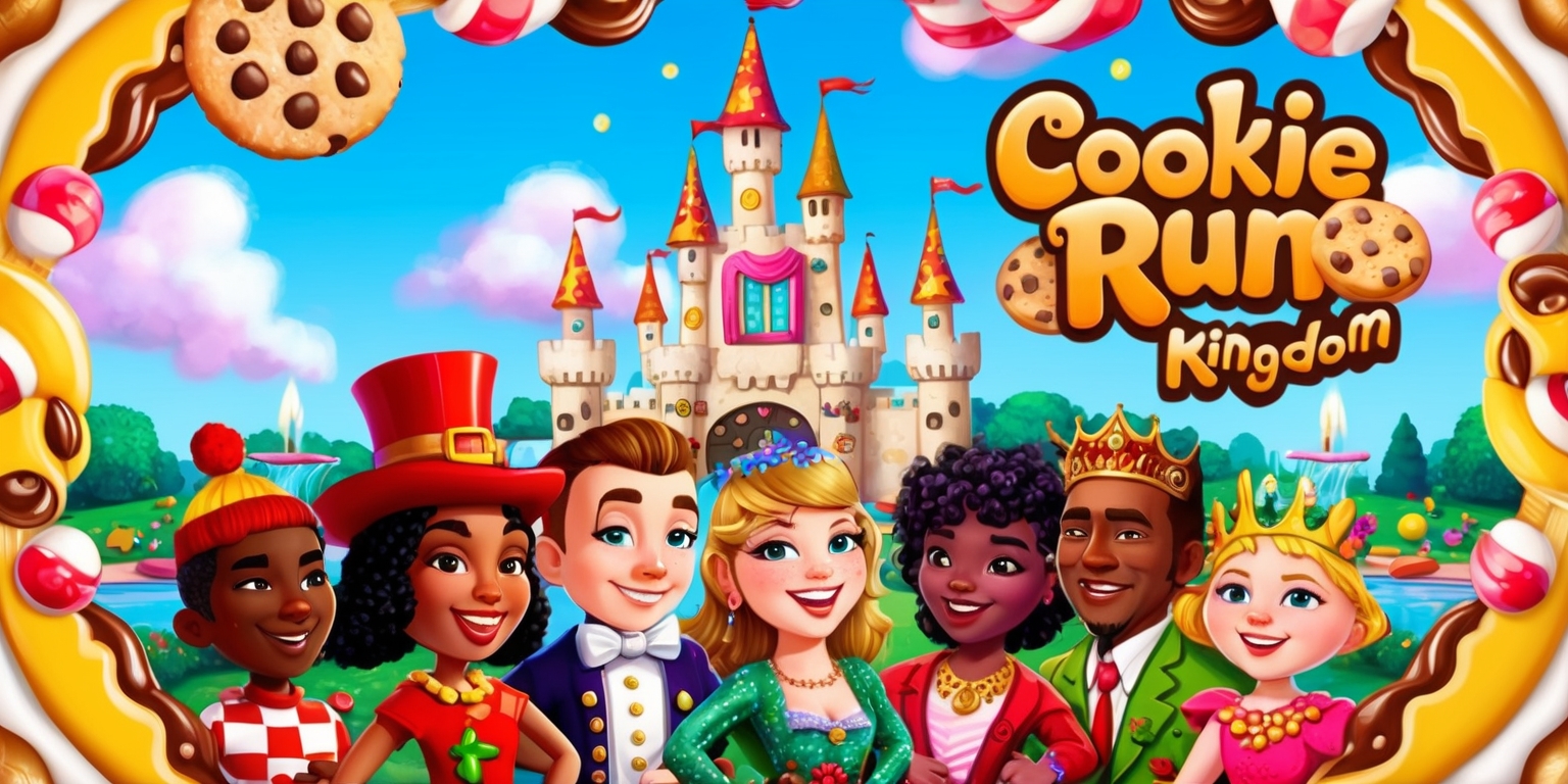 A vibrant, dreamlike illustration of the whimsical Cookie Run Kingdom game, set against a bright blue sky with fluffy white clouds, featuring a majestic castle in the background with towers and turrets made of colorful cookies and candies, surrounded by lush greenery and sparkling fountains. In the foreground, a diverse group of cheerful cookies, each with unique facial features, skin tones, and stylish accessories, are gathered together, showcasing their individual personalities, such as GingerBrave with his bold red hat and Holly Berry Cookie with her sparkling golden tiara. The scene is framed by intricate, swirling patterns of icing and candy, with bold, playful typography displaying the game's logo in a curly, sugary script, all rendered in a mix of digital painting and hand-drawn textures, with bold lines, vivid colors, and a sense of wonder and excitement.