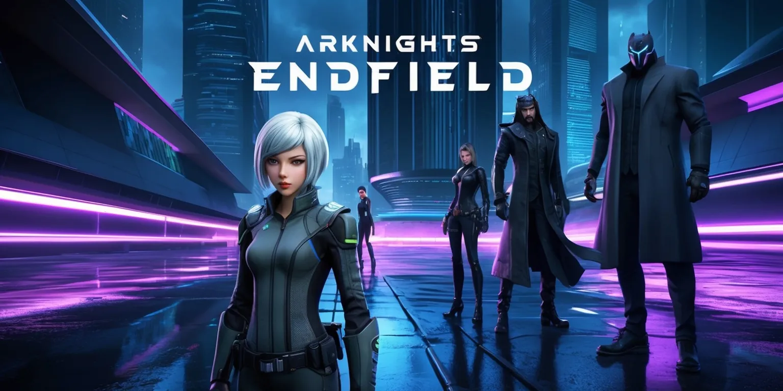 A futuristic sci-fi themed illustration of a scene from the Arknights Endfield game, featuring a sleek and modern cityscape with towering skyscrapers and neon lights reflecting off the wet pavement, with a group of characters from the game standing in the foreground, including a young woman with short silver hair and piercing blue eyes, wearing a black and grey tactical suit, alongside a tall and imposing figure with a masked face and a long coat, set against a dark and moody color palette with hues of blue and purple, with the game's logo prominently displayed in a bold and futuristic font, in a cinematic widescreen layout with a shallow depth of field, drawing attention to the characters and the cityscape.