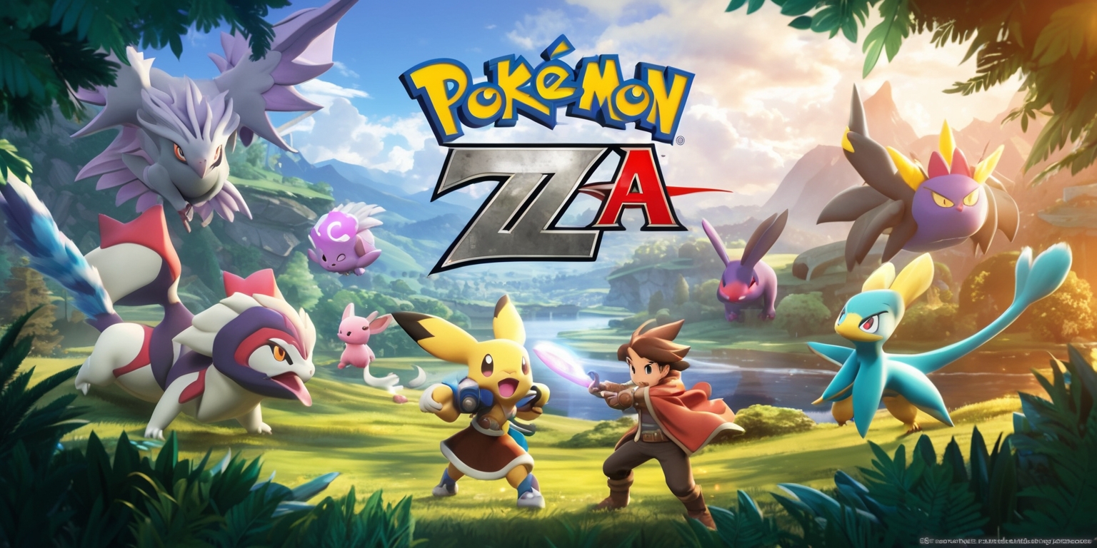 A vibrant, action-packed scene from Pokémon Legends: Z-A game, with a dynamic layout and framing, set against a stunning, sprawling landscape with lush green forests, majestic mountains, and serene water bodies, featuring a diverse range of Pokémon, including the legendary Zacian and Zamazenta, in various poses and expressions, with intricate details on their fur, feathers, and scales, amidst a warm, golden light, with hints of blue and purple hues, and a subtle, adventurous font displaying the game's title, Pokémon Legends: Z-A, in bold, silver letters, with the Pokémon logo prominently displayed in red and white, and the characters, including the protagonist, with distinctive facial features, and unique outfits, engaged in an epic battle or exploration, with a sense of excitement and discovery.