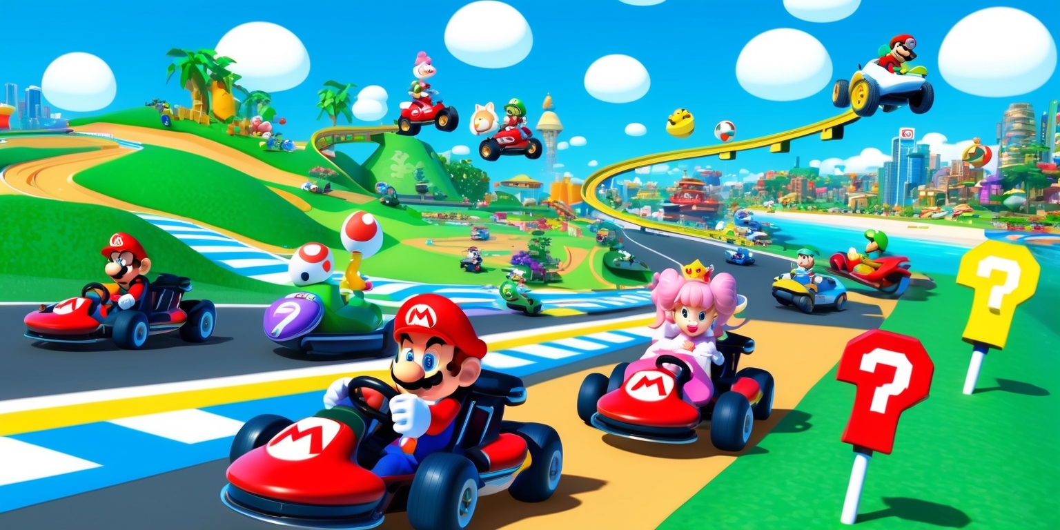 A vibrant, colorful illustration depicting the whimsical world of Mario Kart, set against a bright blue sky with fluffy white clouds, featuring iconic characters from the game, such as Mario, Luigi, Princess Peach, and Toad, racing on sleek, high-speed karts, with tracks winding through lush green hills, tropical beaches, and bustling cityscapes, showcasing a variety of power-ups, coins, and question mark blocks scattered throughout the scene, with bold, rounded lines, and a mix of realistic and fantastical elements, blending nostalgia and excitement, capturing the fast-paced energy and playful spirit of the beloved game.