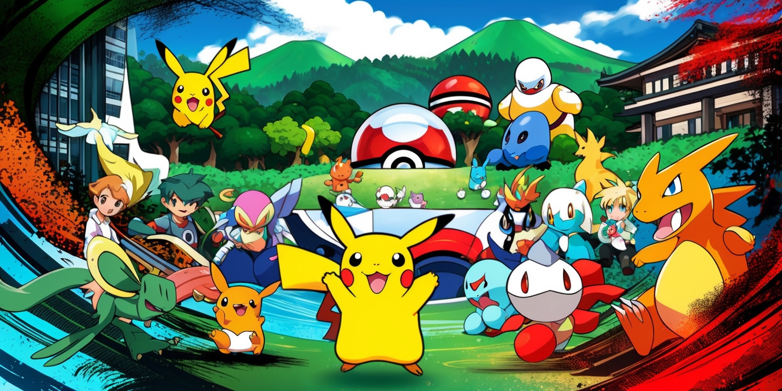 A vibrant and detailed illustration of a Pokémon game scene, featuring a variety of colorful Pokémon characters, such as Pikachu and Charizard, set against a background of lush green forests and rolling hills, with a mix of modern and traditional Japanese architecture, incorporating a range of textures and visual effects, including lighting and shading, with a dynamic composition and layout, showcasing the excitement and adventure of the Pokémon universe, with a bold and playful style, and a palette of bright and muted colors, including red, blue, yellow, and green, with intricate details and patterns on the Pokémon and their surroundings.
