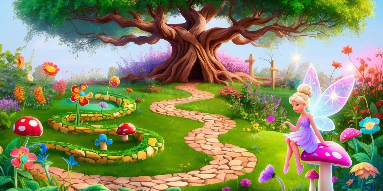 A whimsical and vibrant illustration of a fantasy garden, showcasing a majestic tree at its center, its branches twisted and curved like a gateway, with various game-like elements integrated into the scenery, such as a winding stone path resembling a serpent, colorful flowers with petals shaped like puzzle pieces, and a delicate, sparkling fairy perched on a toadstool, surrounded by lush greenery and vibrant wildflowers, with a subtle, shimmering glow emanating from the flowers and leaves, evoking a sense of magic and wonder, as if the garden itself is alive and waiting to be explored and played with.