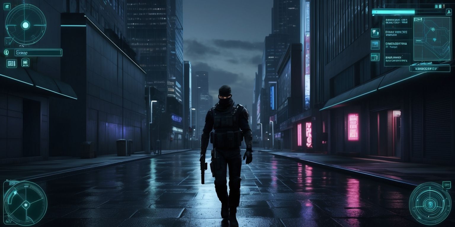 A darkened cityscape at dusk serves as the backdrop for a Refreshed Tactical Edition stealth adventure game, with muted tones of indigo and grey dominating the landscape, sleek skyscrapers and alleyways providing ample hiding spots for clandestine operations, the silhouette of a lone figure clad in black tactical gear and a balaclava emerges from the shadows, eyes glowing with determination, as neon signs and holographic advertisements cast a futuristic glow on the wet pavement, the screen displays a mix of digital and analog elements, including mini-maps, enemy radars, and inventory slots, all woven together in a seamless, high-tech interface, with bold, silver fonts highlighting key objectives and missions.