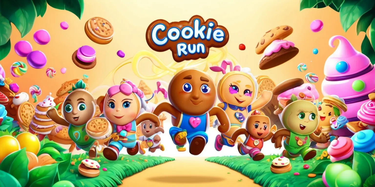 A vibrant and colorful digital illustration of characters from the Cookie Run game, set against a bright and creamy background with warm golden lighting, featuring a variety of anthropomorphic cookies with distinct facial features, soft skin textures, and unique accessories, surrounded by lush greenery, colorful candies, and baked goods, with bold lines, intricate details, and a mix of pastel and neon colors, incorporating stylized fonts and logos with a playful, cursive shape and a sweet, treats-themed aesthetic, showcasing the game's whimsical and fantastical world, with the cookies positioned in a dynamic, action-packed layout, as if they are running or jumping, with a sense of energy and movement, and a shallow depth of field to emphasize the main characters.