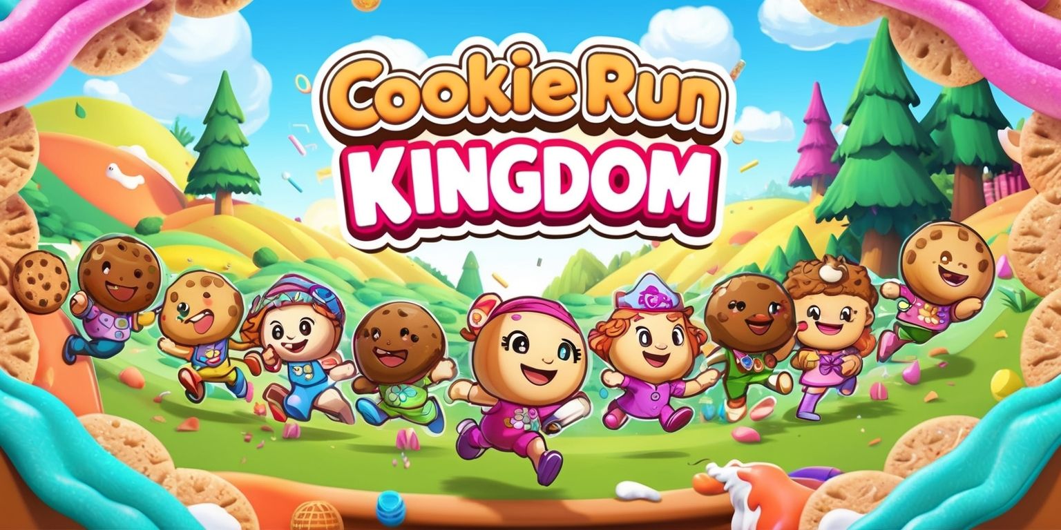 A vibrant and colorful digital illustration of the Cookie Run Kingdom game, featuring a variety of adorable cookie characters with distinct facial features and accessories, set against a bright and lively background with rolling hills, towering trees, and fluffy white clouds, with the game's logo prominently displayed in bold, playful lettering with a mix of pastel colors, surrounded by decorative elements and textures that evoke a sense of wonder and fantasy, with the cookies engaging in various activities such as running, jumping, and interacting with each other in a joyful and dynamic scene.