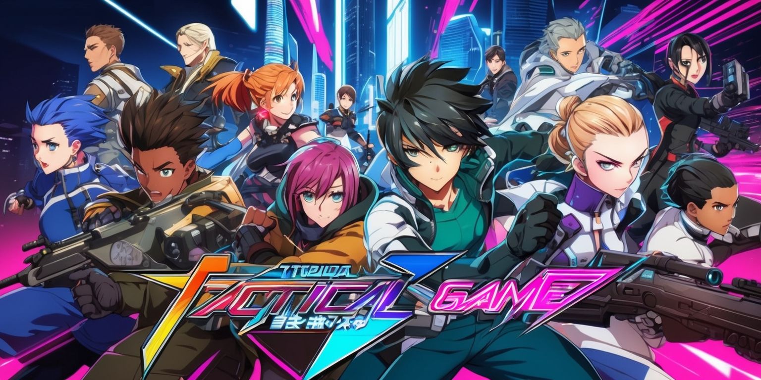 A vibrant anime-style illustration of a tactical game scene, featuring a diverse group of characters with unique facial features, skin colors, and hairstyles, set against a futuristic cityscape with sleek skyscrapers and neon lights, with a focus on dynamic action poses, intricate character designs, and detailed costumes, in a digital art style with bold lines, bright colors, and subtle textures, with a sense of energy and movement, and a layout that guides the viewer's eye through the scene, with possible Japanese-inspired typography and logos in a modern, stylized font, and a color palette that blends deep blues and purples with neon pinks and greens, capturing the essence of a fast-paced tactical game.