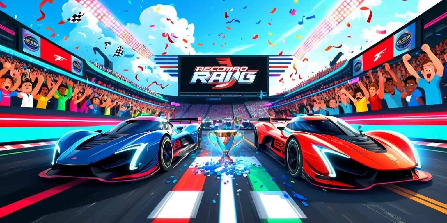 A vibrant and dynamic illustration of a record-breaking racing game scene, with sleek, high-tech racing cars speeding around a futuristic track, set against a backdrop of a crowded stadium with cheering spectators of diverse skin colors and facial features, all with excited expressions, under a bright blue sky with fluffy white clouds, the cars are designed in a futuristic style with neon lights and bold colors, the track is lined with flashing lights and giant screens displaying the game's logo in bold, metallic letters, with a trophy or championship cup in the foreground, surrounded by confetti and checkered flags, the overall aesthetic is fast-paced and energetic, with sharp lines and bold shapes, the color palette is bright and vivid, with shades of red, blue, and green, the composition is chaotic and dynamic, with cars and spectators overlapping and blending together, conveying a sense of speed and competition.