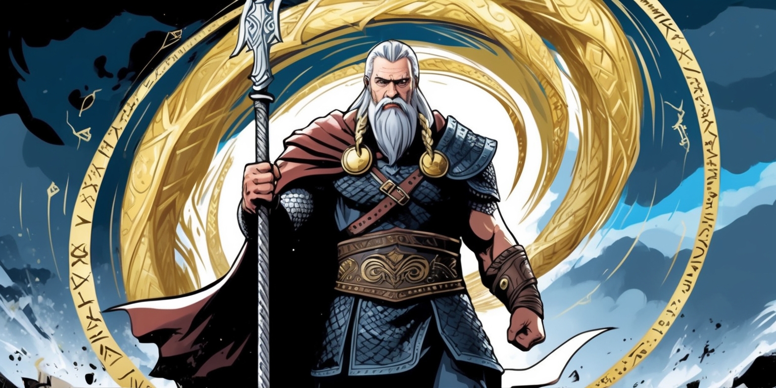 A dramatic digital illustration of Odin, the All-Father, from the Valhalla Rising game, standing proudly with his iconic spear Gungnir in hand, surrounded by a swirling vortex of golden armor and mystical runes, with a bold, stormy sky as the backdrop, featuring muted earthy tones with hints of blue and gold, evoking a sense of power, wisdom, and mysticism, with intricate details on Odin's facial features, including his piercing blue eyes, long white beard, and worn leather armor, all rendered in a stylized, graphic novel-inspired aesthetic with bold lines and vibrant textures.
