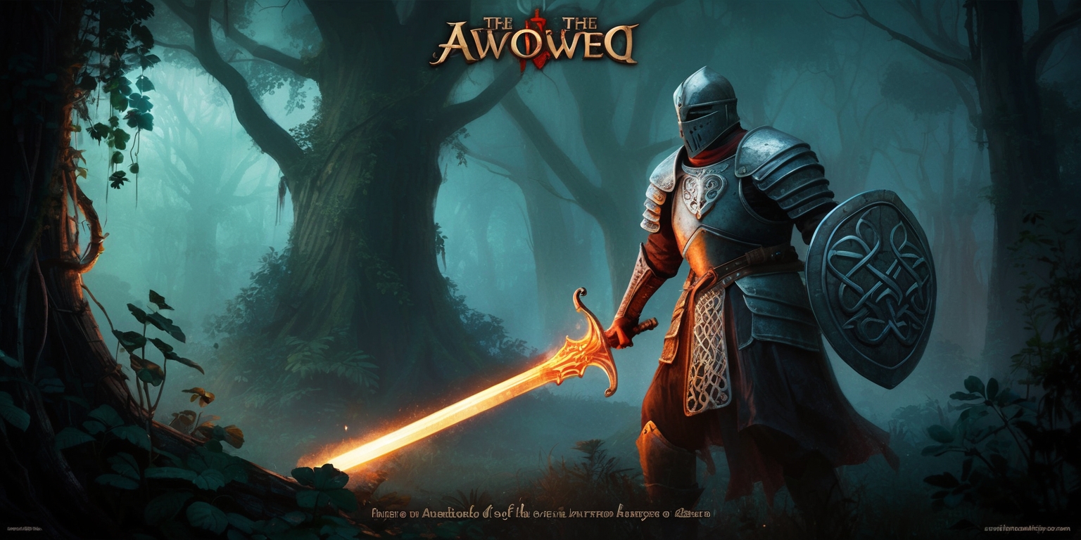 A medieval-inspired fantasy scene depicting a dramatic moment from the Avowed game, set in a misty, mysterious forest with towering trees and overgrown foliage, illuminated by an eerie, magical glow. In the foreground, a lone, armored figure stands heroically, clad in intricately designed plate armor adorned with Celtic knotwork patterns, wielding a powerful, glowing sword. The atmosphere is tense and foreboding, with hints of ancient magic and forgotten lore. The color palette is rich and muted, with shades of emerald green, misty blue, and rusty red, evoking a sense of nostalgia and wonder. The style is reminiscent of a hand-painted illustration, with bold brushstrokes and vivid textures. The composition is cinematic, with the hero framed centrally, surrounded by the haunting beauty of the mystical forest.