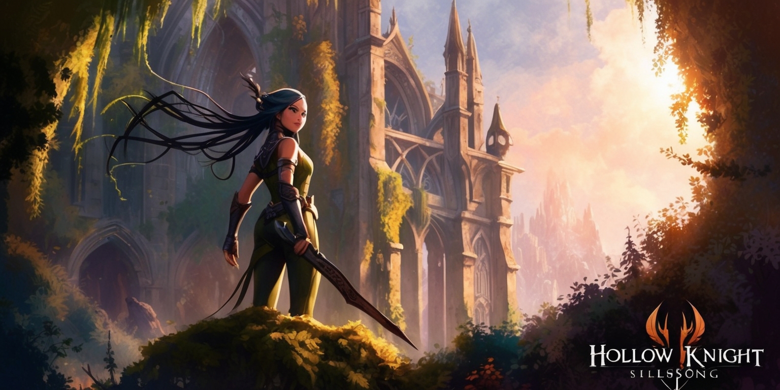 A hauntingly beautiful scene from the Hollow Knight: Silksong game, featuring Hornet, the protagonist, standing atop a moss-covered, ancient ruin, surrounded by a lush, vibrant environment, with intricate, Gothic-inspired architecture in the background, and a warm, golden light casting long shadows across the atmosphere, as Hornet looks out towards the distance with a determined expression, her facial features strong and resilient, with a subtle, enigmatic smile, and her iconic, thread-like hair flowing in the wind, with a soft, ethereal glow emanating from her body, as the scene is filled with a mix of earthy tones, such as olive green, terracotta, and weathered stone, with touches of deep blues and purples, evoking a sense of mystery and adventure, and the overall style is reminiscent of a haunting, yet beautiful, watercolor painting.