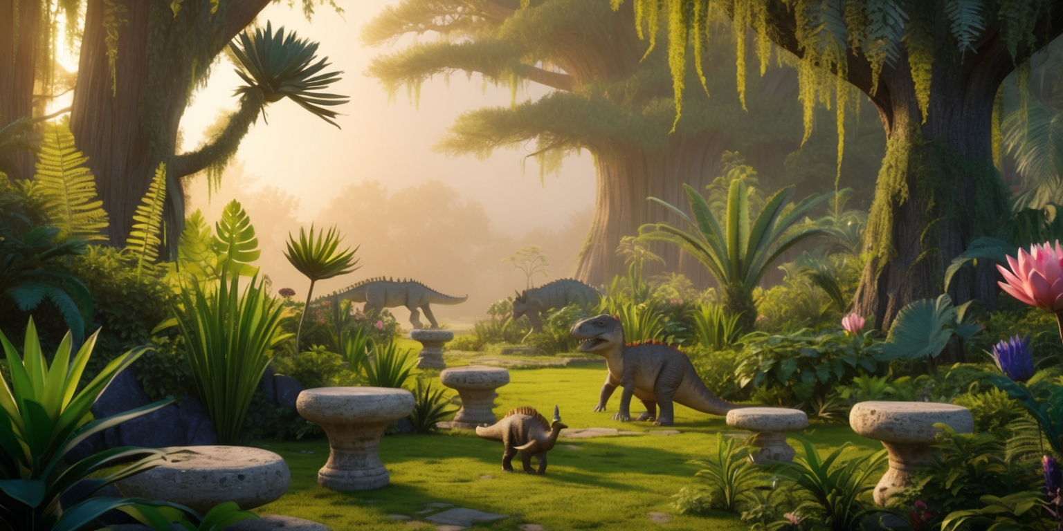 A serene and vibrant prehistoric garden, set against a warm, golden light, with lush greenery and towering trees adorned with ferns and moss, surrounded by a variety of ancient flora, such as cycads, horsetails, and giant lily pads, with a few strategically placed stone pedestals and intricately carved, moss-covered stone benches, amidst the underbrush, a few friendly, curious dinosaurs, such as a triceratops, a stegosaurus, and a small, feathered theropod, roam freely, while colorful, exotic flowers, like blooming magnolias, and towering, ancient trees, like dawn redwoods, fill the air with sweet, intoxicating fragrances, and in the distance, a subtle, shimmering mist rises from a gently flowing, crystal-clear stream, creating a sense of tranquility and wonder.