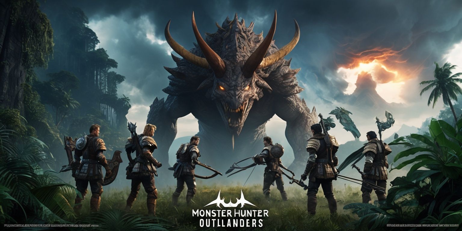 Dynamic promotional key art for Monster Hunter Outlanders, featuring a team of skilled hunters in rugged expedition armor standing in a lush untamed wilderness, confronting a massive imposing monster with sharp claws, layered scales, sweeping horns, and glowing eyes. Dense jungle foliage, ancient ruins, towering cliffs, mist, drifting embers, and dramatic storm-lit clouds create a vast adventurous setting. Show varied hunters with distinct silhouettes, weapons, gear, and focused expressions, including a great sword, bow, dual blades, and mechanical hunting equipment. Cinematic low-angle composition, strong depth, powerful action poses, detailed creature anatomy, rich green and earthy tones contrasted with fiery orange highlights, atmospheric lighting, high-detail fantasy game concept art, polished AAA video game promotional style, epic scale, sharp focus, dynamic framing, and a sense of danger, discovery, and cooperative adventure.