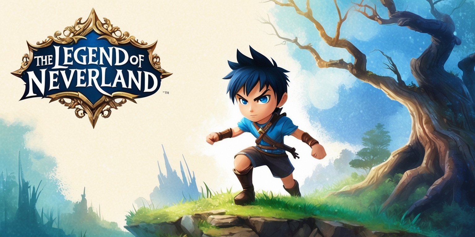 A vibrant, fantastical illustration inspired by the mobile game The Legend of Neverland, featuring a youthful, determined protagonist with striking blue eyes and short, spiky black hair, standing heroically at the edge of a mystical forest, surrounded by wispy clouds and ancient trees with gnarled branches, with subtle hints of a dreamlike, ethereal quality, rendered in a mix of digital painting and watercolor textures, with a predominance of blues and greens, evoking a sense of adventure and discovery, set against a soft, creamy-white background that subtly graduates into a warm, golden light, with the game's logo, featuring bold, cursive script and a stylized, intricately designed frame, prominently displayed in the top-left corner.